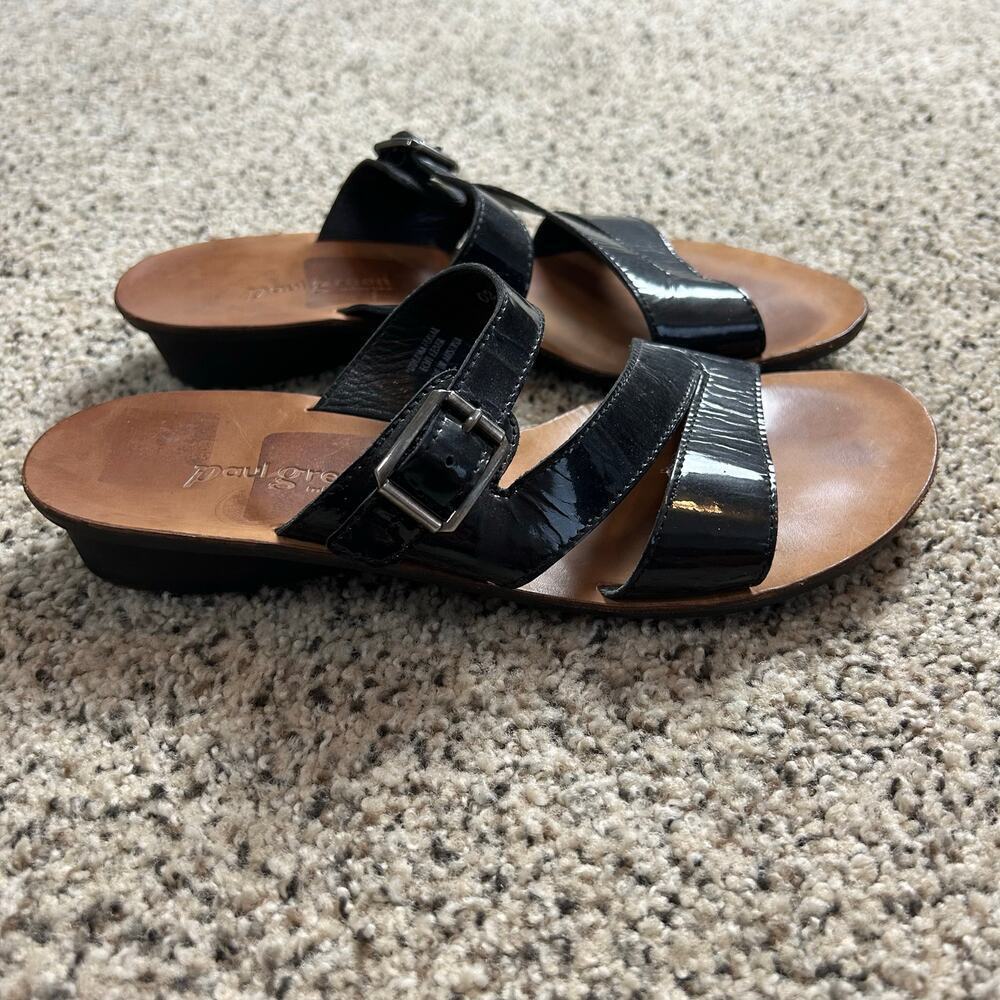 Paul Green Sandals Size 5.5 Black Patent Leather Slip On Slide Strappy Buckle‎